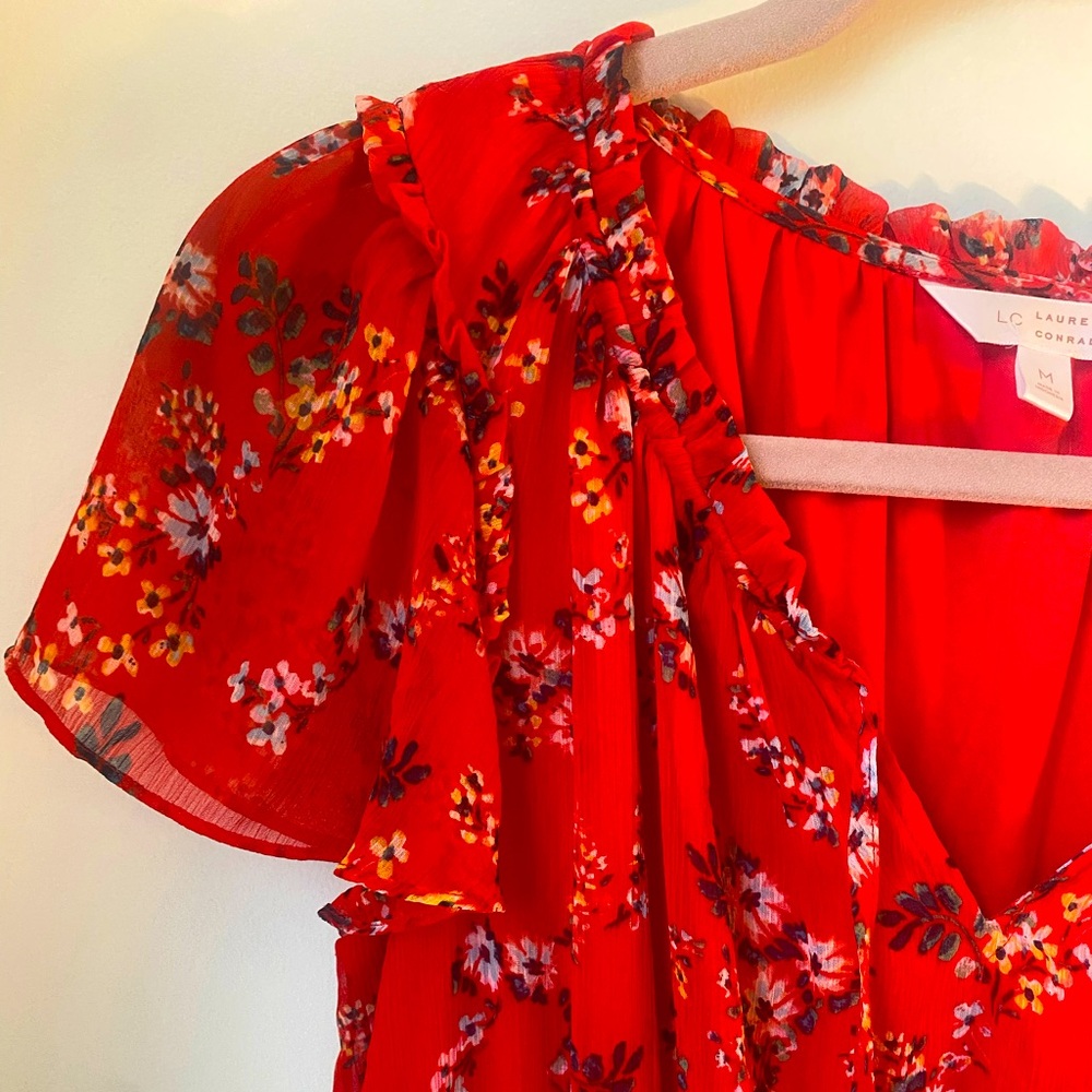LC Lauren Conrad Red Floral Short Sleeve Layered V Neck Dress